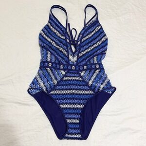 BECCA Reveal Plunge One Piece Swimsuit Womens Large Blue Crochet Nautical